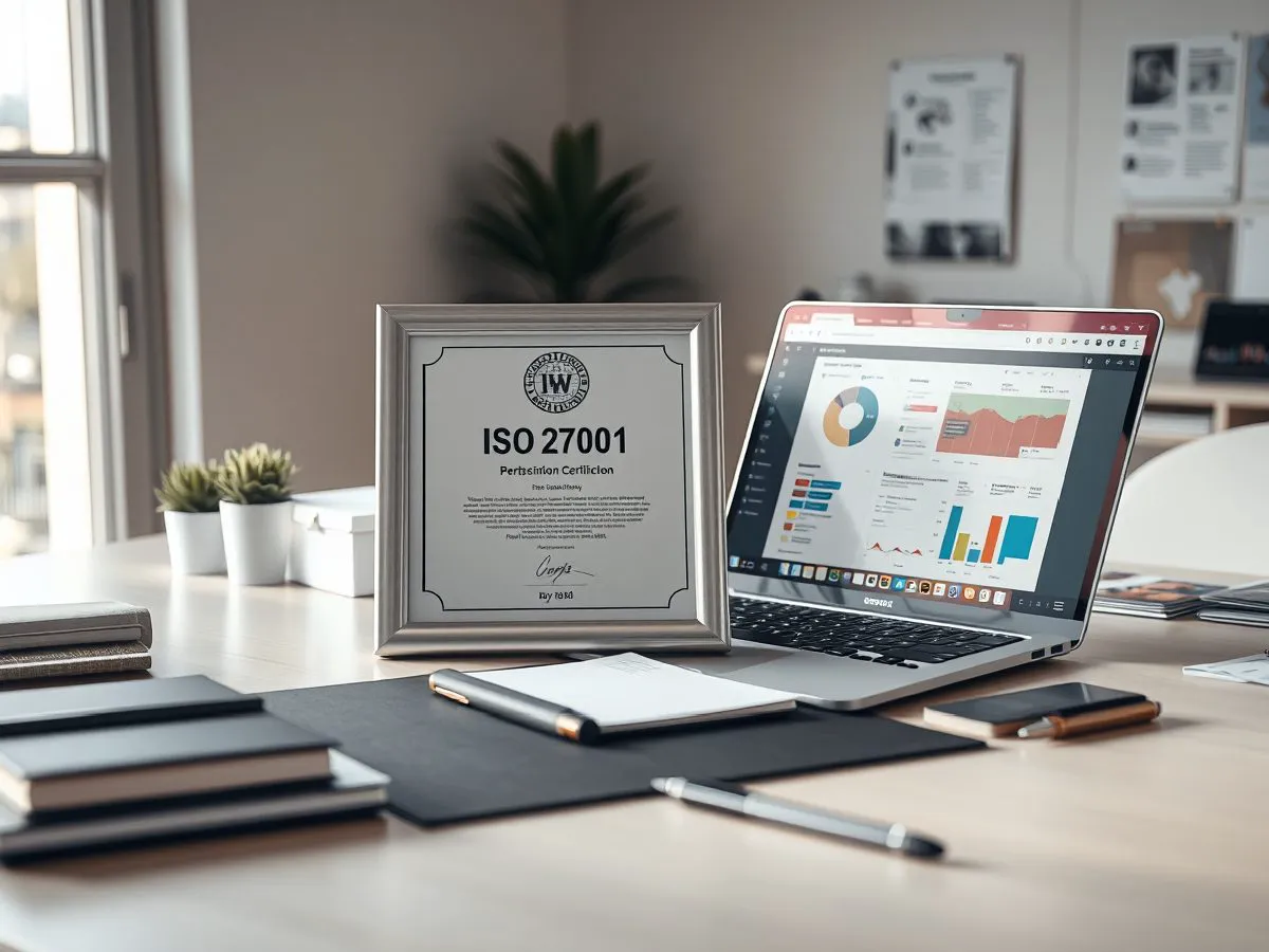 ISO 27001信息安全管理体系认证证书摆放在办公桌上